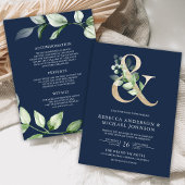 Sage Greenery Gold Ampersand Navy Blue Wedding Kaart