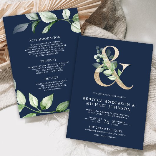 Sage Greenery Gold Ampersand Navy Blue Wedding Kaart