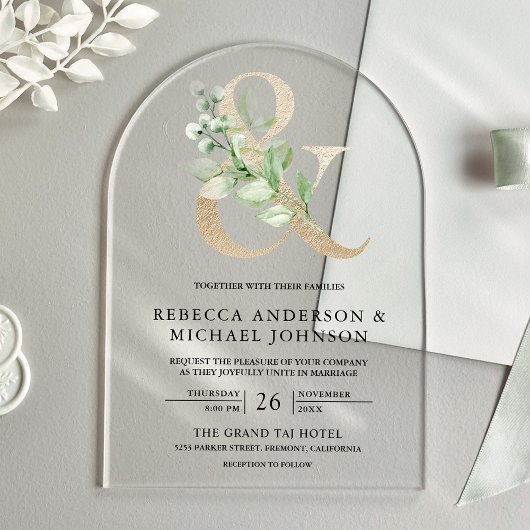 Sage Greenery Gold Ampersand Wedding Acryl Uitnodigingen