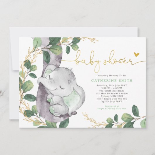 Sage Greenery Gold Elephant Neutraal Baby shower Kaart (Voorkant)