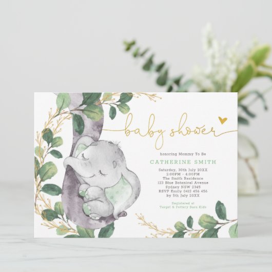 Sage Greenery Gold Elephant Neutraal Baby shower Kaart (Staand voorkant)