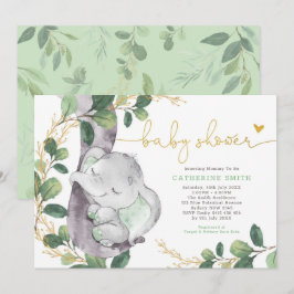 Sage Greenery Gold Elephant Neutraal Baby shower Kaart