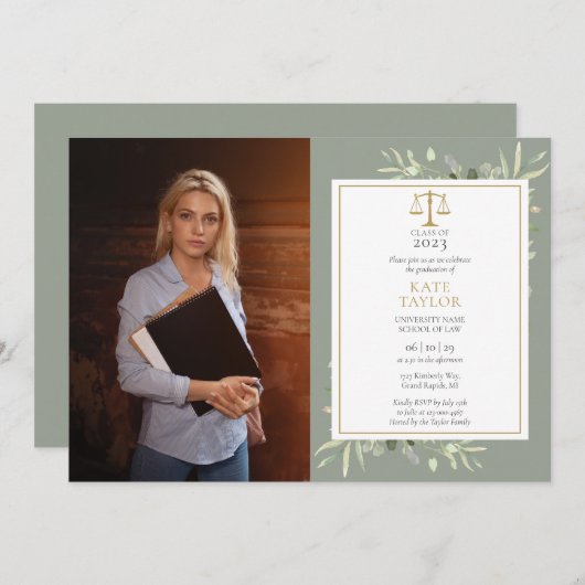 Sage Greenery Gouden Afstudeerfoto Rechtenfacultei Kaart (Voorkant / Achterkant)