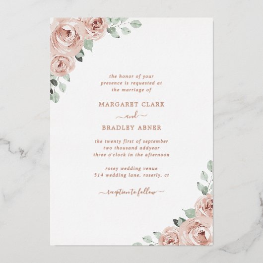 Sage Greenery Pink Floral Dusty Roos Gold Wedding Folie Uitnodiging (Voorkant)