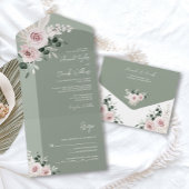Sage Greenery Pink Floral Dusty Roos Wedding All In One Uitnodiging