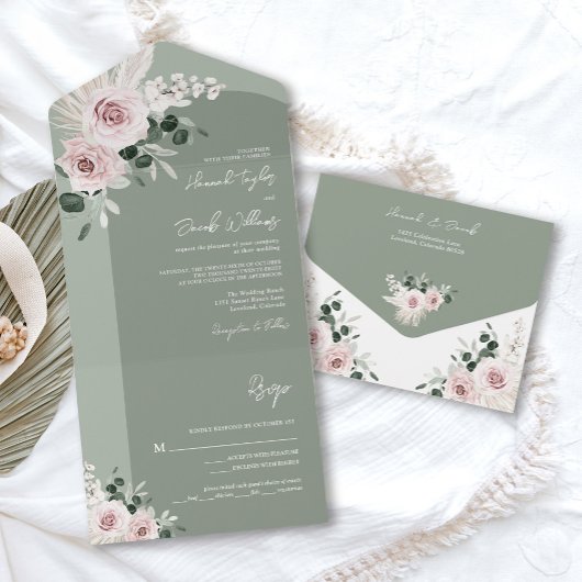 Sage Greenery Pink Floral Dusty Roos Wedding All In One Uitnodiging