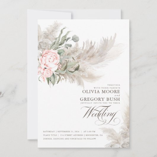 Sage Greenery Pink Flowers Pampas Grass Wedding Kaart (Voorkant)