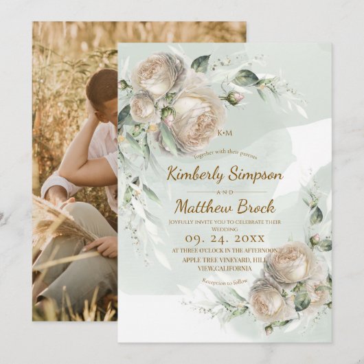 Sage Greenery Rose Wedding Kaart (Voorkant / Achterkant)