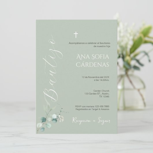 Sage Greenery Spanish Baptism Girl invitation Kaart (Staand voorkant)