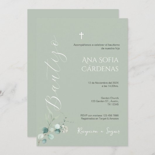 Sage Greenery Spanish Baptism Girl invitation Kaart (Voorkant / Achterkant)