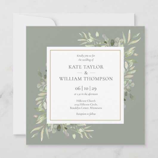 Sage Greenery Wedding Botanische Waterverf Kaart (Voorkant)