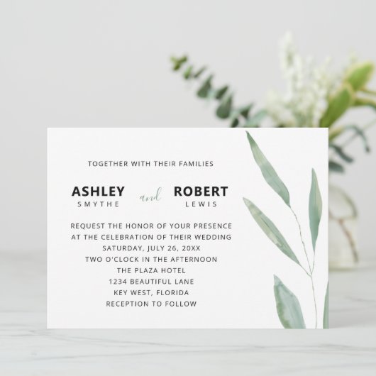 Sage Greenery Wedding Invitation, botanisch Kaart (Staand voorkant)