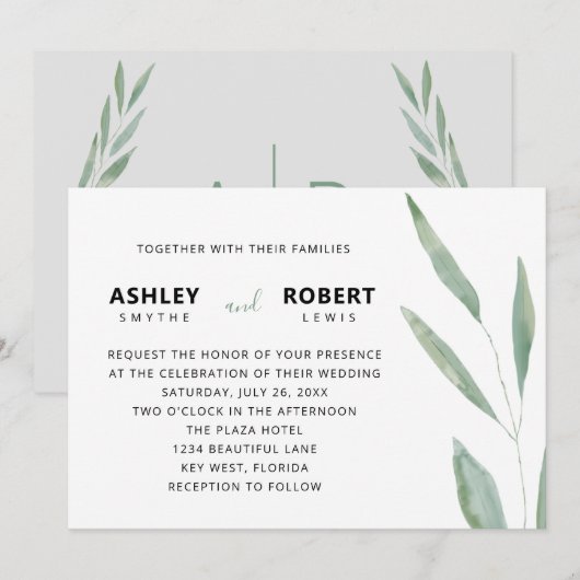 Sage Greenery Wedding Invitation, botanisch Kaart (Voorkant / Achterkant)