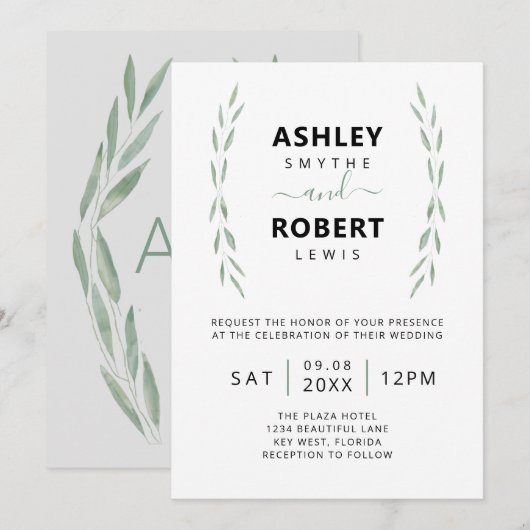 Sage Greenery Wedding Invitation, botanisch Kaart (Voorkant / Achterkant)