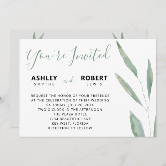 Sage Greenery Wedding Invitation, botanisch Kaart (Voorkant / Achterkant)