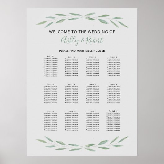 Sage Greenery Wedding Seating Chart, botanisch Poster (Voorkant)