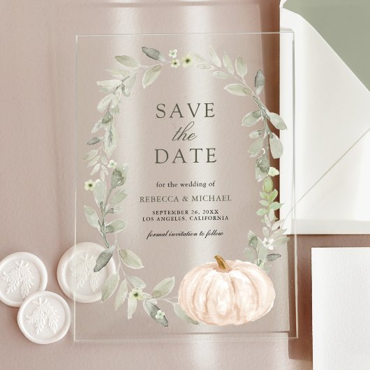 Sage Greenery White Pumpkin Wedding Sla de datum o Acryl Uitnodigingen