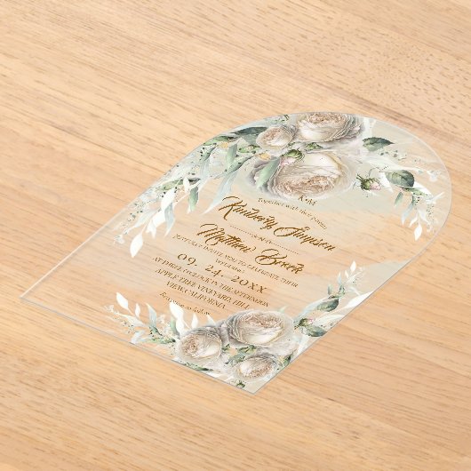 Sage Greenery White Rose Wedding Acryl Uitnodigingen (Laagn)