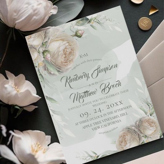 Sage Greenery White Rose Wedding Kaart