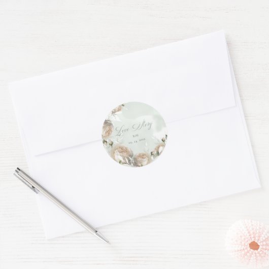 Sage Greenery White Rose Wedding Ronde Sticker (Envelop)