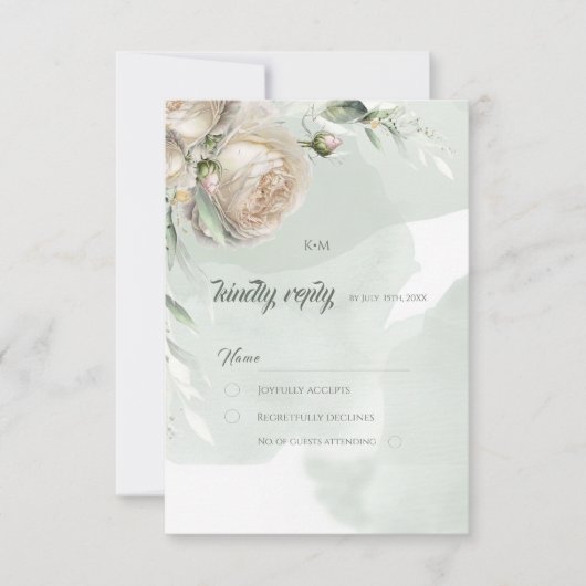 Sage Greenery White Rose Wedding RSVP Kaartje (Voorkant)