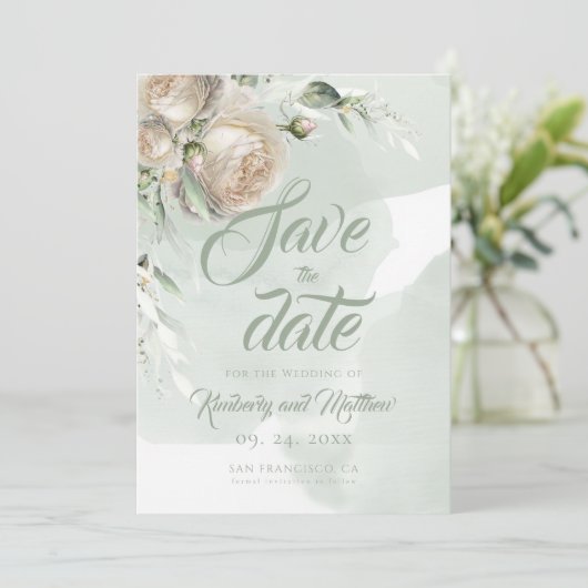 Sage Greenery White Rose Wedding Save The Date (Staand voorkant)