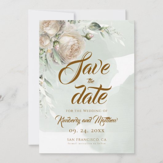 Sage Greenery White Rose Wedding Save The Date (Voorkant)