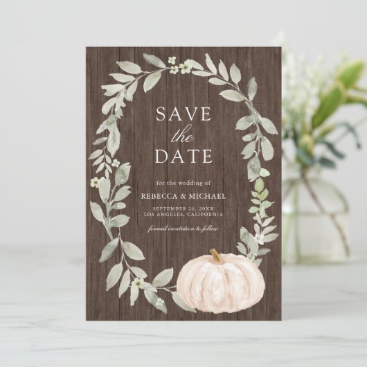 Sage Greenery Witte Pompoen Hout Trouwfoto Save The Date (Staand voorkant)