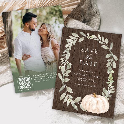 Sage Greenery Witte Pompoen Hout Trouwfoto Save The Date