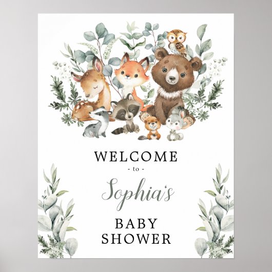 Sage Greenery Woodland Animals Baby shower Welkom Poster (Voorkant)