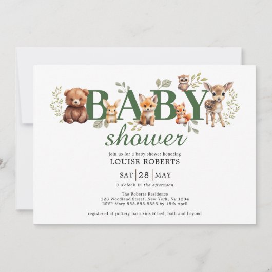 Sage Greenery Woodland Dieren Neutraal Baby shower Kaart (Voorkant)