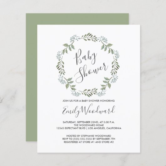 Sage Greenery Wreath Baby shower Invitation (Voorkant / Achterkant)