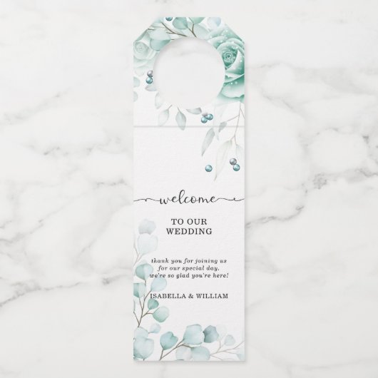 Sage greens Bloemenbruiloft gepersonaliseerd Flessenhanger (Voorkant)