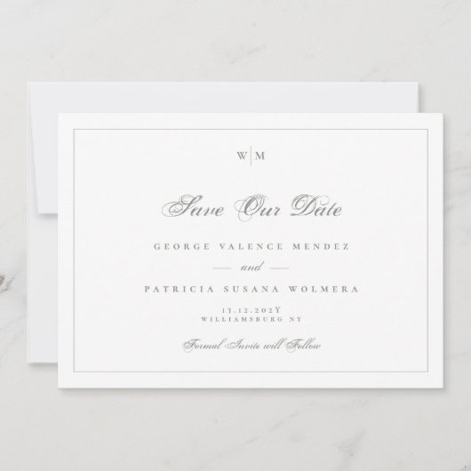 Sage Grey Lijst Monogram Classic Fotobruiloft Save The Date (Voorkant)