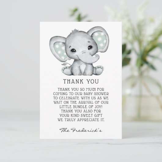 Sage Grey Olifant Baby shower Dank u kaart (Staand voorkant)