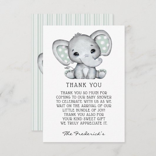 Sage Grey Olifant Baby shower Dank u kaart (Voorkant / Achterkant)