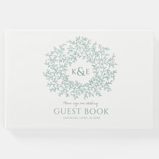 Sage grijze witte bladmonogram bruiloft gastenboek (Voorkant)
