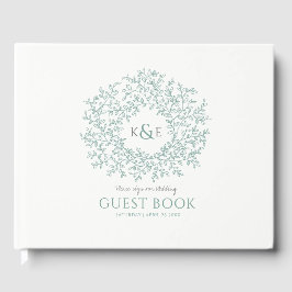 Sage grijze witte bladmonogram bruiloft gastenboek