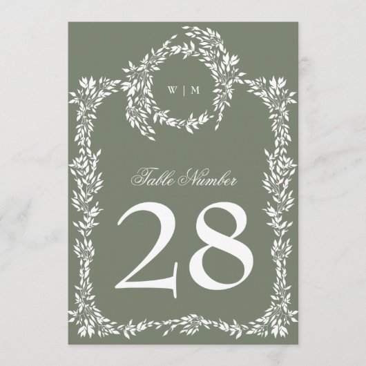 Sage Groen 5 x 7 Monogram Krans Tafel Nummers (Voorkant)
