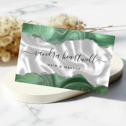 Sage Groen Agate Zilver Glitter Luxe Visitekaartje