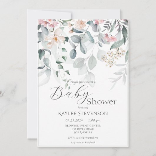 Sage Groen Baby Meisje Bloemen Modern Baby shower Kaart (Voorkant)