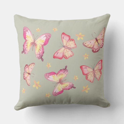 Sage Groen Baby Meisje Naam Roze Vlinder Kwekerij Kussen (Achterkant)