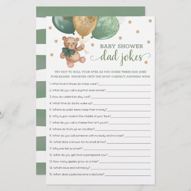 Sage Groen Baby shower Pap Grappen Spel Teddy Bear (Voorkant / Achterkant)