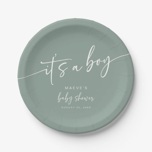Sage Groen Baby shower Papier Bord Modern Boy (Voorkant)