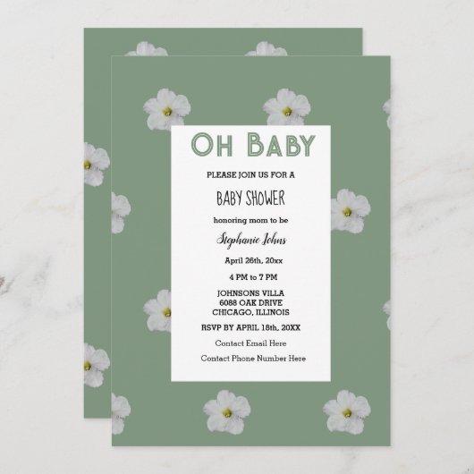 Sage Groen Baby shower QR Code Bloemenbloei Schatt Kaart (Voorkant / Achterkant)