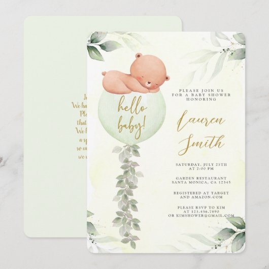 Sage Groen Beer Baby shower Kaart (Voorkant / Achterkant)