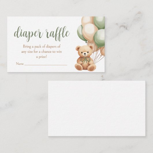 Sage Groen Beer Balloon Baby shower Luier Raffle Informatiekaartje (Voorkant / Achterkant)