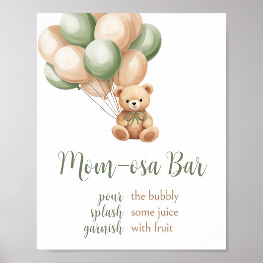 Sage Groen Beer Balloon Baby shower Moeder Osa Bar Poster (Voorkant)