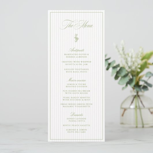 Sage Groen & Beige Gestreepte Trouwmenu Menu (Staand voorkant)