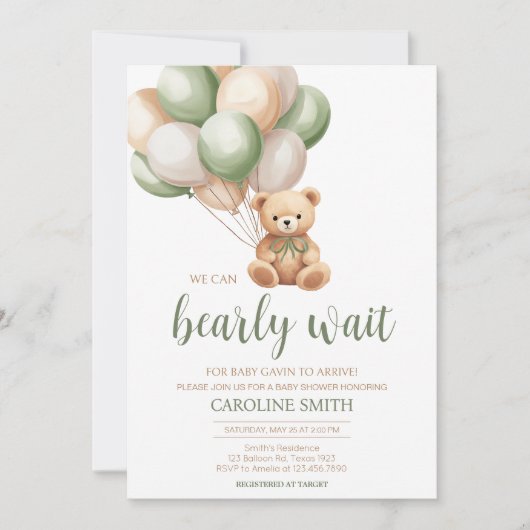 Sage Groen Beren Balloon Baby shower Kaart (Voorkant)